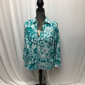 Dana Buchman Shirt Womens Size Medium Teal Green White Lightweight Cotton Blouse